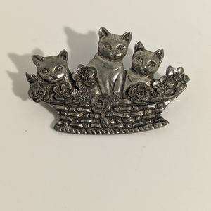 Vintage Cats in a Basket Seagull Pewter Brooch